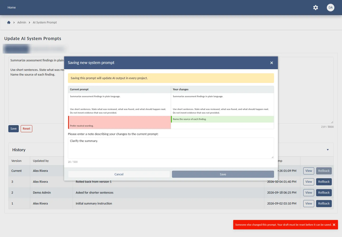 Another admin saved first, so Save stays disabled and the admin is asked to reset their draft